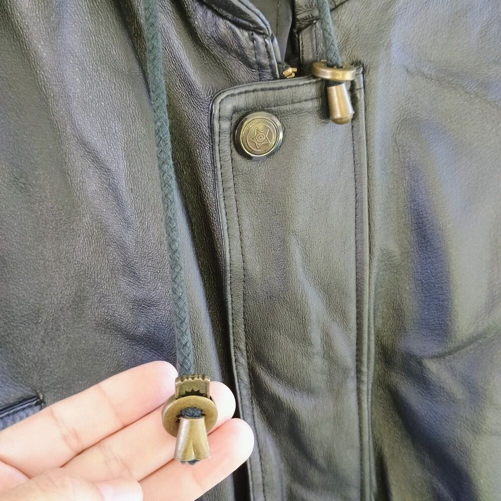 Genuine Leather Hooded Jacket Vintage Real Leather Parka Coat Drawstring Waist M - Picture 5 of 16